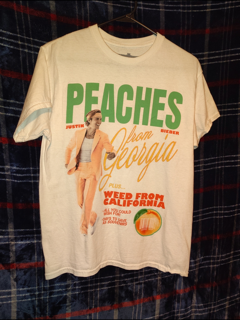 Justin Bieber White Graphic 'PEACHES' Short Sleeve Tee with Green & Orange Print